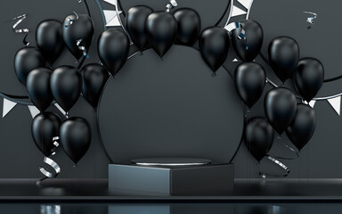 3d rendering podium stage with black balloon and confetti celebration background