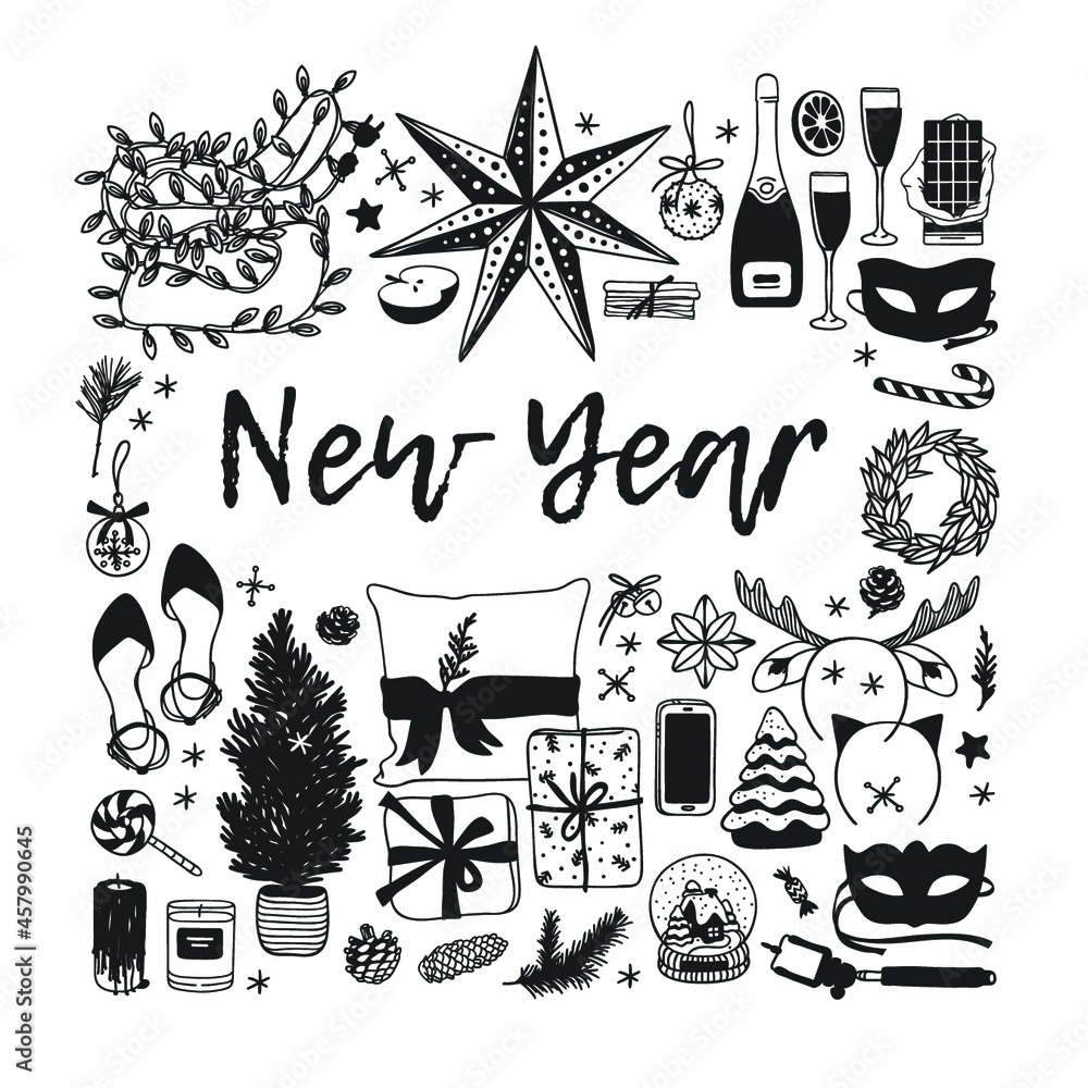 Wall mural hand drawn christmas illustration. creative ink art work. actual cozy vector drawing happy new year.