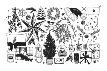Hand drawn Christmas illustration. Creative ink art work. Actual cozy vector drawing. Winter set of Holidays things, accessories, decoration, food, drinks