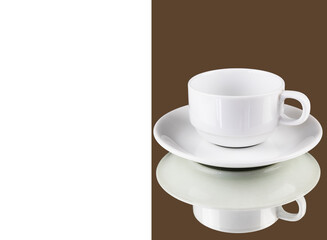 White coffee cup reflection with a saucer on brown and white background with clipping path, ready to cut out, copy space for graphic design.