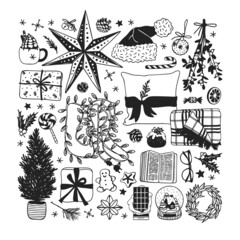 Hand drawn Christmas illustration. Creative ink art work. Actual cozy vector drawing. Winter set of Holidays things, accessories, decoration, food, drinks