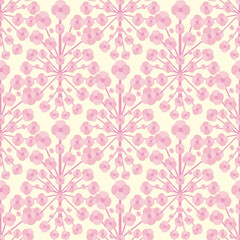 Stylized Sakura blossom seamless vector pattern background. Millefleur style blended backdrop in pink and pastel yellow. Damask layout floral botanical design with spring buds. Sophisticated repeat