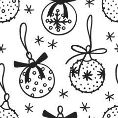 Hand drawn Christmas seamless pattern with toy balls on white background. Creative ink art work. Actual vector doodle drawing decorations