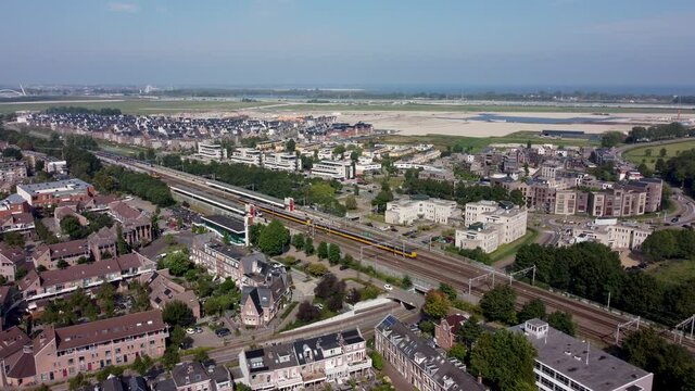 Railway station in the city of Weesp, aerial
