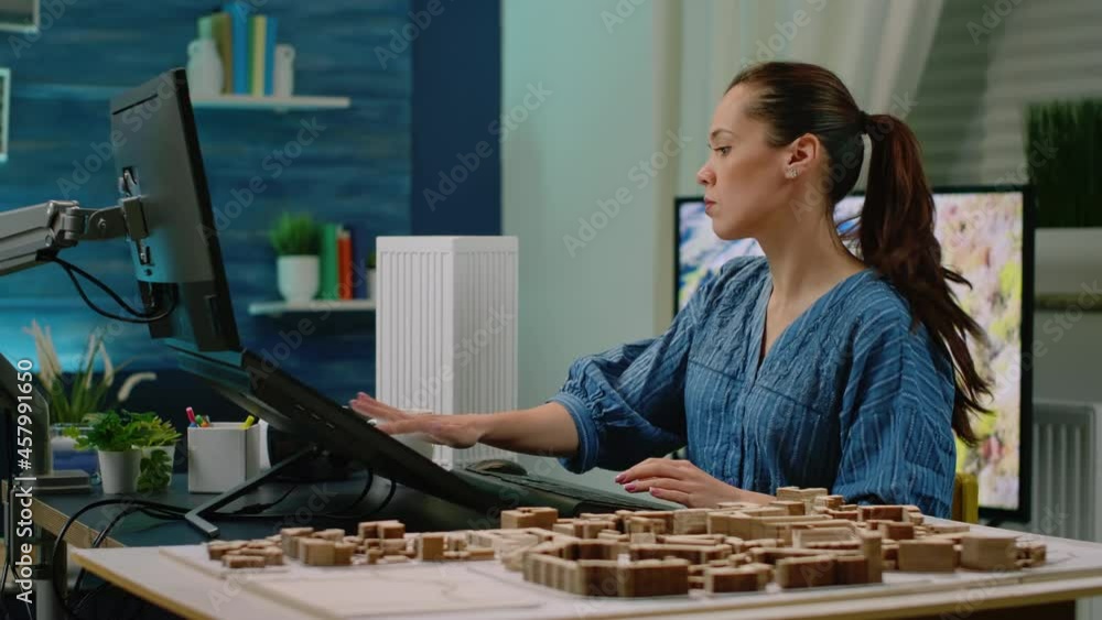 Poster woman working as engineer designing building model on computer with touch screen. architect analyzin
