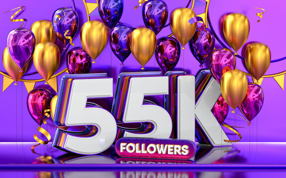 55k followers celebration, thank you social media banner with purple and gold balloon 3d rendering