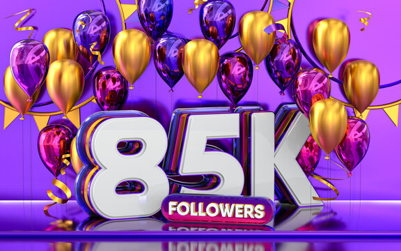 85k followers celebration, thank you social media banner with purple and gold balloon 3d rendering