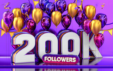 200k followers celebration, thank you social media banner with purple and gold balloon 3d rendering
