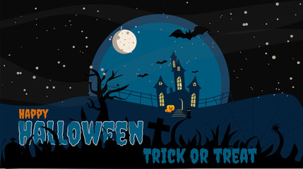 Tetric house banner in night landscape with pumpkin and black cat