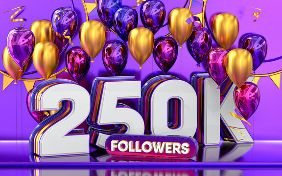 250k followers celebration, thank you social media banner with purple and gold balloon 3d rendering