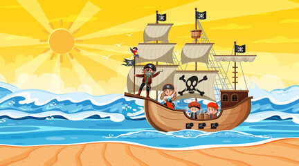 Ocean with Pirate ship at sunset scene in cartoon style
