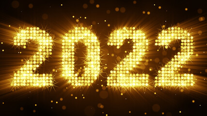 Text 2022 of glow yellow particles new year greeting 3D render