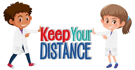 Keep your distance font with doctors cartoon character