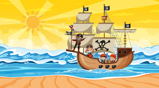 Ocean with Pirate ship at sunset scene in cartoon style