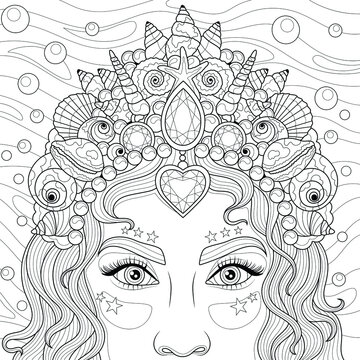 Girl with a crown with seashells. Mermaid. Coloring book antis tress for children and adults. Illustration isolated on white background. Zen-tangle style. Hand draw