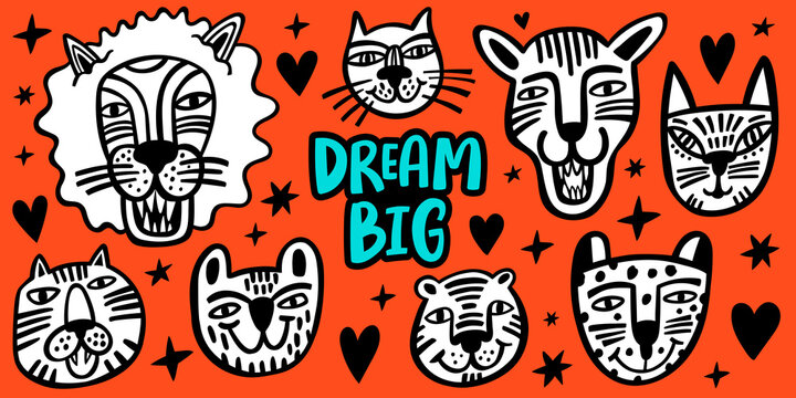 Trendy hand drawn roaring and smiling animals, tiger, lion, cat, coala for poster or print design. Cute vector set.