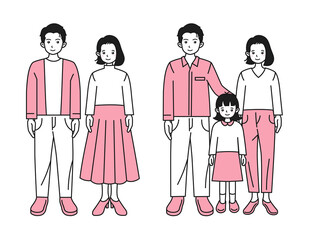 カップルと子供を持つ夫婦の全身イラスト