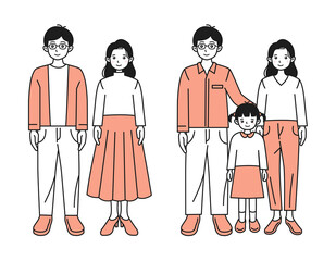カップルと子供を持つ夫婦の全身イラスト