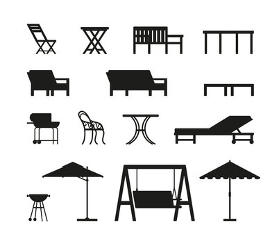 Garden furniture black silhouette icons set, flat vector illustration isolated.