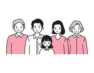 夫婦と子供、祖父母の三世代イラスト