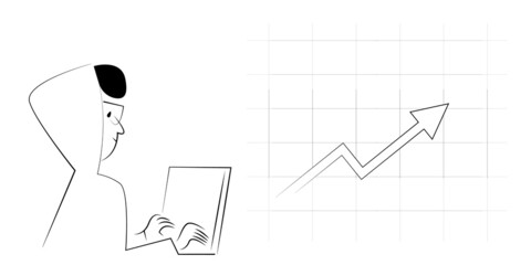 guy with laptop and chart up. business concept. vector illustration