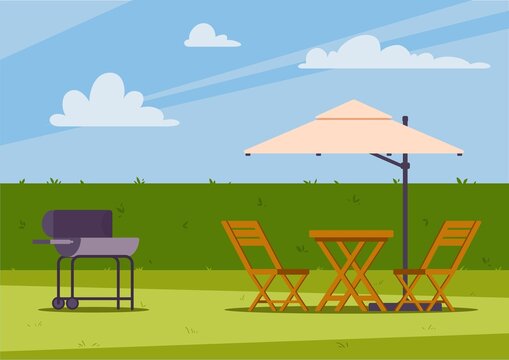 Summer house backyard with grill and garden furniture flat vector illustration.