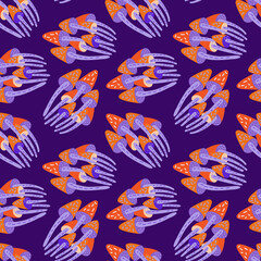 Vector seamless pattern on the theme of Halloween and magic. Bright mushrooms against a dark background. For printing on fabric, clothing, paper. Purple on a blue background. Digital paper.