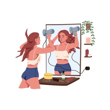 Young woman styling her hair with blowing hairdryer after shower. Daily beauty routine in front of mirror at home. Female making hairstyle. Flat vector illustration isolated on white background