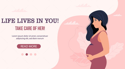 Pregnant woman illustration. Pregnancy, motherhood concept. Vector illustration in flat style. Life lives in you. Take care in her