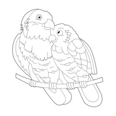 Contour linear illustration for coloring book with decorative parrots. Beautiful tropic bird,  anti stress picture. Line art design for adult or kids  in zen-tangle style, tattoo and coloring page.