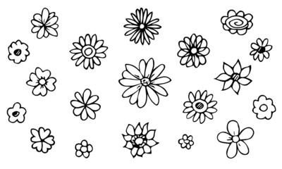 Vector doodle set of simple flowers. Hand drawn outline icon. Floral illustration isolated on white background. For print, web, design, decor, logo.