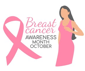 Obraz na płótnie Canvas Breast cancer pink ribbon on white background and girl. Design element. Medical treatment. Vector design isolated. Design ribbon. Banner about awareness month october. Vector health care concept.