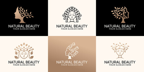 Set bundle of natural beauty logo design collection with flower and tree concept Premium Vector