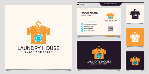 Creative laundry house logo with negative space concept and business card design Premium Vector