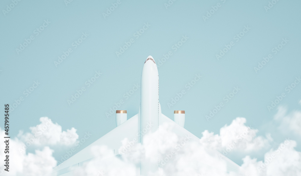 Wall mural pastel blue plane flying in the sky with clouds . plane take off and pastel background. minimal idea