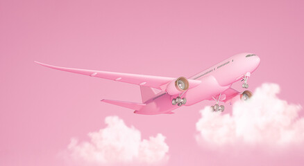 Pastel pink plane flying in the sky with clouds. Plane take off and pastel background. Minimal idea concept. Airline concept travel plane passengers. Jet commercial aircraft. 3d render - obrazy, fototapety, plakaty