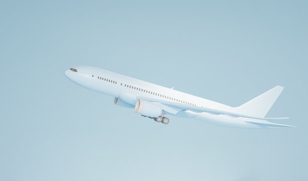 Pastel blue plane flying in the sky. Plane take off and pastel background. Minimal idea concept. Airline concept travel plane passengers. Jet commercial aircraft. 3d render