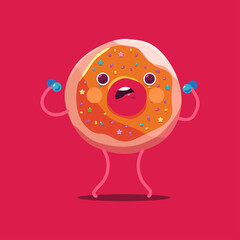 Cute donuts with dumbbells vector cartoon character isolated on background.
