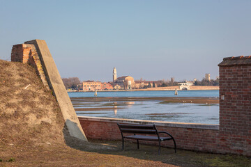 Lido di Venezia. Veduta della Chiesa e Ponte di San Nicolò dall' isola della Certosa.