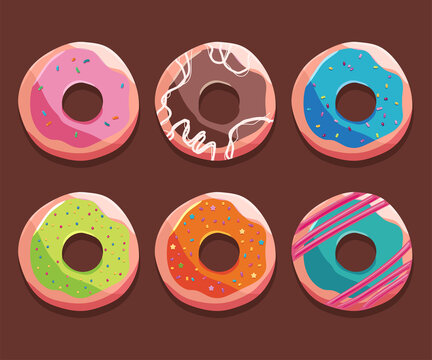 Donuts vector cartoon set isolated on background.