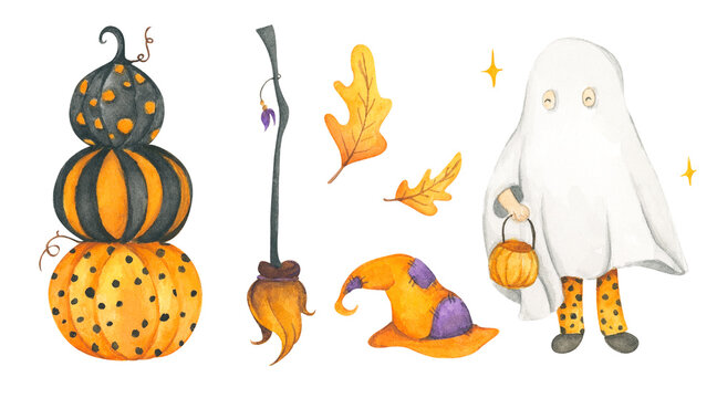 Happy Halloween collection. Hand drawn watercolor painting isolated on white, elements for creative design, printable decor.