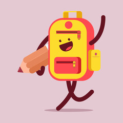 Backpack character with pencil vector cartoon illustration isolated on background.