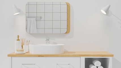 Minimalist and Scandinavian bathroom interior closeup to space for montage on wood cabinet