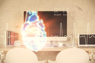 Double exposure of heart drawing and office interior background. Concept of medical education.