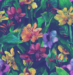 Fototapeta na wymiar Tropical seamless pattern with bright exotic Cannes flowers. Background with watercolor flowers and leaves
