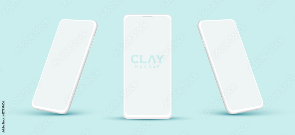 Poster modern clay smartphone mockup with different angles. blank screen isolated device on blue background