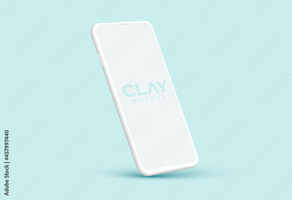 Poster modern clay smartphone angled mockup. blank screen isolated device on blue background. mock up for m