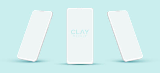 Modern clay smartphone mockup with different angles. Blank screen isolated device on blue background. Mock up for mobile applications or web page designs..