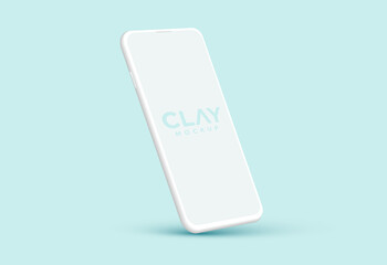 Modern clay smartphone angled mockup. Blank screen isolated device on blue background. Mock up for mobile applications or web page designs..