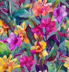 Obraz na płótnie Canvas Tropical seamless pattern with bright exotic Cannes flowers. Background with watercolor flowers and leaves